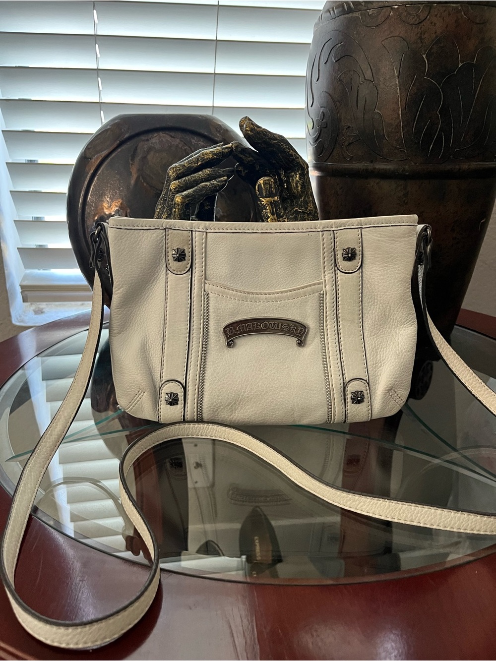 B. Makowsky Cream Leather Crossbody with Signature Plaque